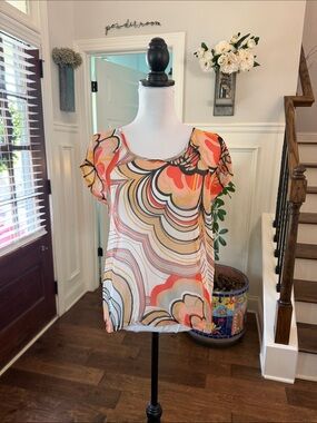 Worthington EUC Floral Cold Shoulder Semi Sheer Petite Blouse